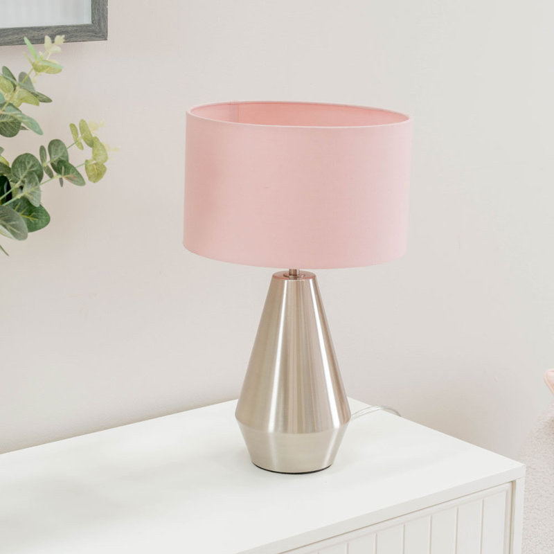 Jax Metal Dimmable Touch Table Lamp with Velvet Drum Shade with LED Bulb, Silver, Blush Pink