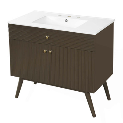 Meuble-lavabo rayé de luxe 36 po, double rangement à fermeture en douceur et lavabo en céramique de qualité supérieure