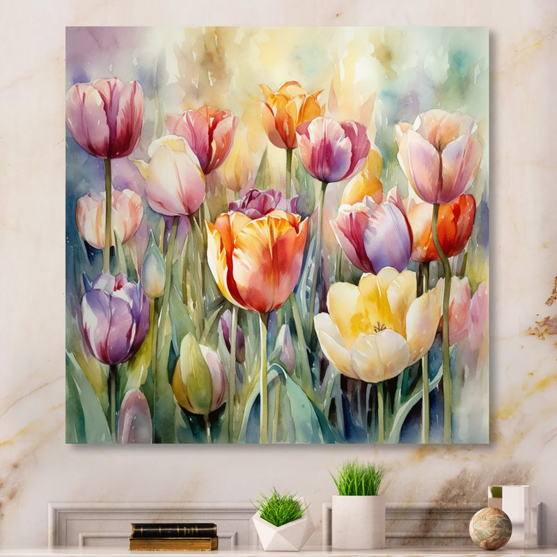 Jardin des tulipes - art mural tulipe, H 16 po x l 16 po x P 1 po, Toile tendue
