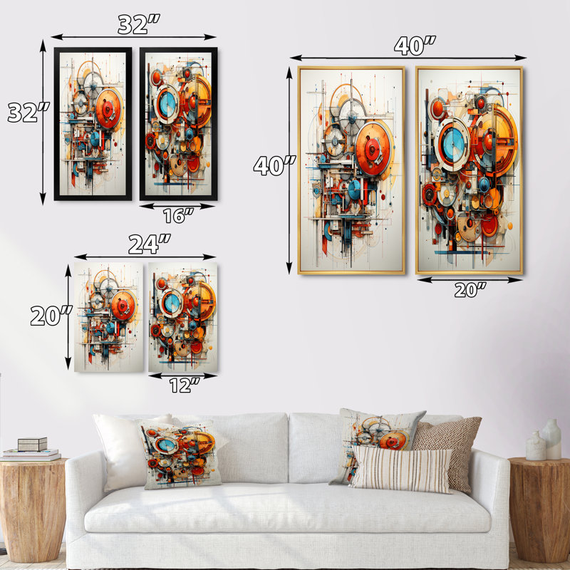 " Constructivism Dynamic Assemblage Geometric " 2 - Pieces, 40" H x 40" W, White Framed