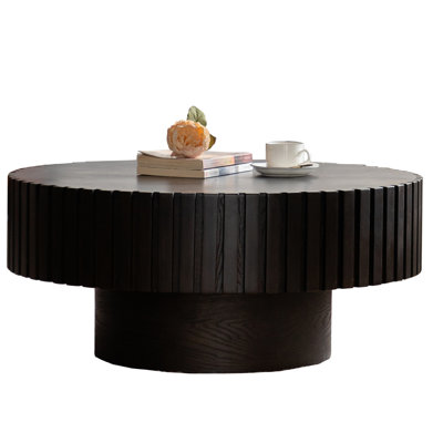 Handcrafted Relief Round Wooden Coffee Table | Sturdy Pedestal Base, Decorative Tea Table for Living Room