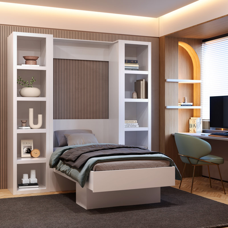 Lit escamotable Easy-Lift en grain de bois avec deux étagères, Lit simple, Blanc