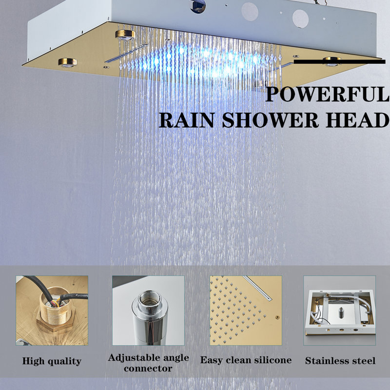 Luxury LED Shower Head Rainfall Waterfall Top Spray High pressure Ceiling Mount, Brushed Gold
