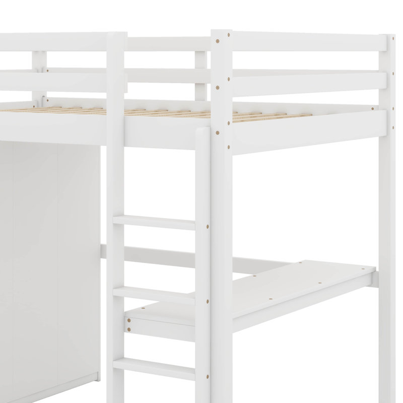 Wood Full Size Loft Bed With Built-In Wardrobe,Desk,2-Tier Storage Shelves And 3 Drawers, Solid Wood Loft Bed Frame, White