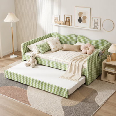 Full Gingham Upholstered Daybed with Pull-Out Trundle & Side Storage Pocket