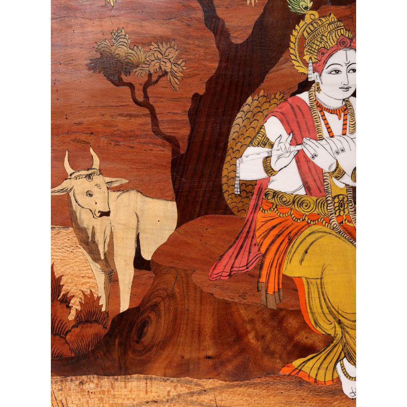 30" Radha Krishna Under Tree Mysore Wood Inlay Wall Panel - Handcrafted Hindu God Wall Art for Spiritual Home Decor