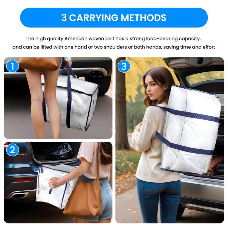  Paquet de 6 sacs de transport extra larges avec couvercles, poignées renforcées et fermetures à glissière, sac de rangement robuste pour le déplacement, camping, économie d'espace, blanc