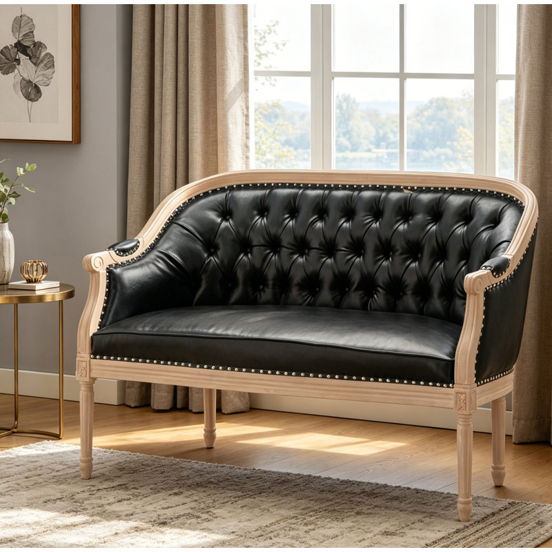 Atenea 49.5'' Upholstered & Birch Wood Loveseat, Midnight Black, Antique Natural