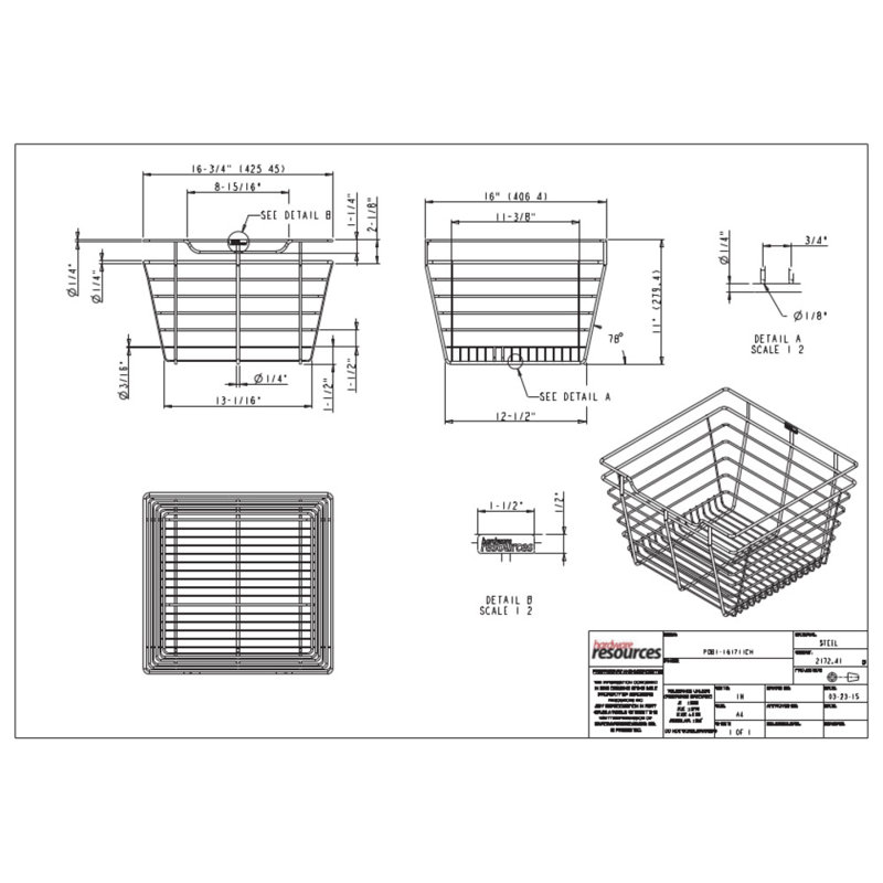 Metal Drawer, Polished Chrome, 6" H x 23" W x 16" D