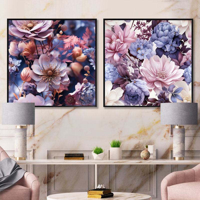 Baguenaudiant - Ensemble de 2 collages carrés floraux, Cadre flottant noir, H 36 po x l 73 po