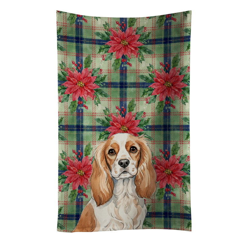 Blenheim Cavalier Spaniel Christmas PoinsettIas Kitchen Towel, White/Tan Blenheim Cavalier Spaniel