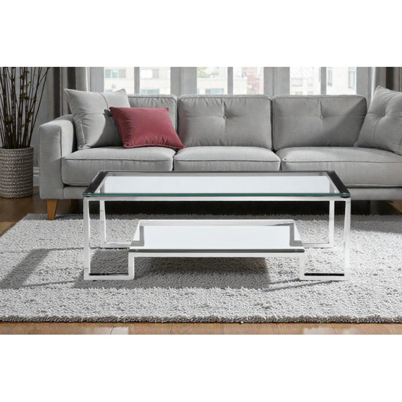 Declan Glass Top Single Coffee Table, 18" H x 54" W x 28" D, High Polish Steel
