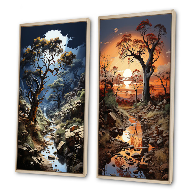 Baobab, arbre, scène surréelle - ensemble de 2 reproductions d'art sur toile, H 28 po x l 25 po, Cadre flottant brun