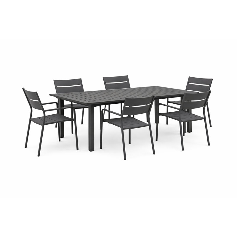 Cinya Modern Outdoor Aluminum 7-piece Extension Dining Set With Stackable Chairs & Built-in Leaf Storage, Grey, Gray