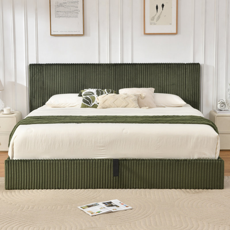 Hydraulic Lift Up Storage Upholstered Platform Bed, King, Green