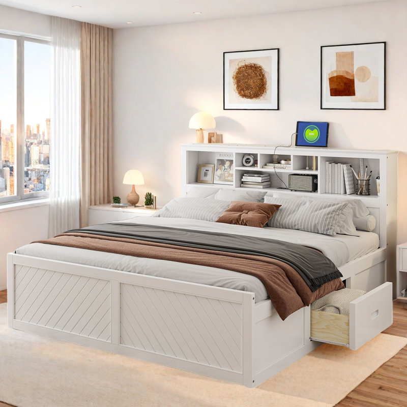 Lit plateforme en bois avec tête de lit multi-rangement, USB et 2 tiroirs, Blanc