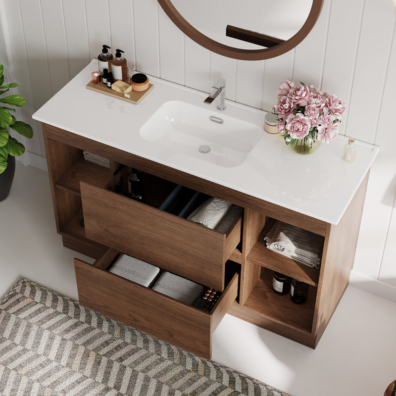 48" Mid Century Bathroom Vanities With Brown Wood Texture, White Ceramic Table Top, Brown