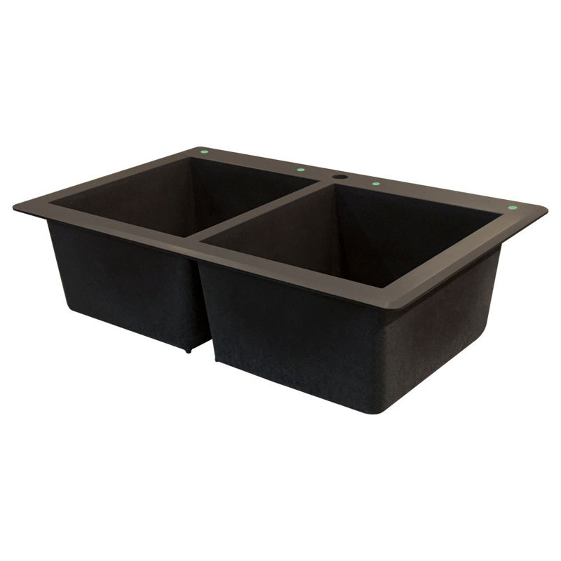 Radius 33.0625'' L Double Bowl Granite Kitchen Sink, Espresso, 1 hole