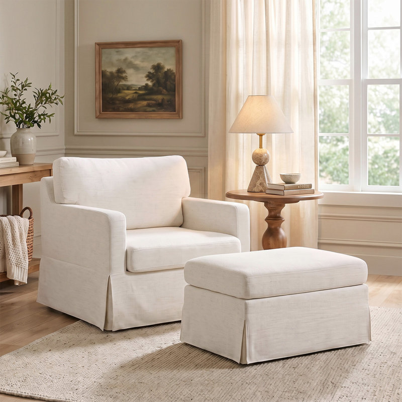 Fauteuil surdimensionné Cario 44"W de style ferme avec housse amovible et repose-pieds, Ivoire ivoire