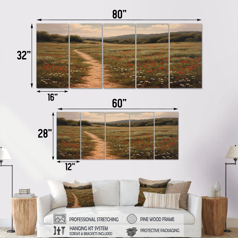 5 pièces d'art sur toile campagne champêtre, H 28 po x l 60 po
