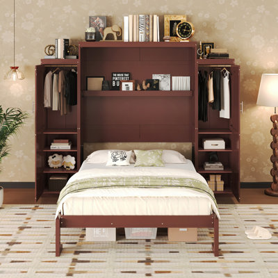 Murphy Bed, Wooden Wall Bed With 2 Wardrobe And Storage Shelf, Multifunctional Foldable Platform Bedframe For Guest-Room, Bedroom