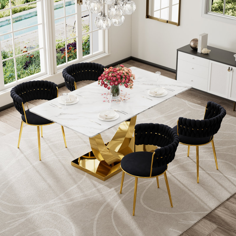 Rectangular Pedestal Dining Set with Modern Weaven Velvet Dininig Chair, Black, Table, 4 Chairs