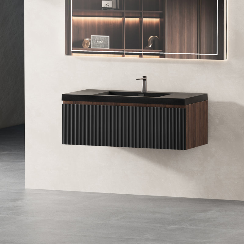 36'' Wall - Mounted Bathroom Vanity With Scratch Black Quartz Sink, Wave Textured Soft Close Drawers, Smoked Walnut Material, Quick Installation Time Floating Convenient