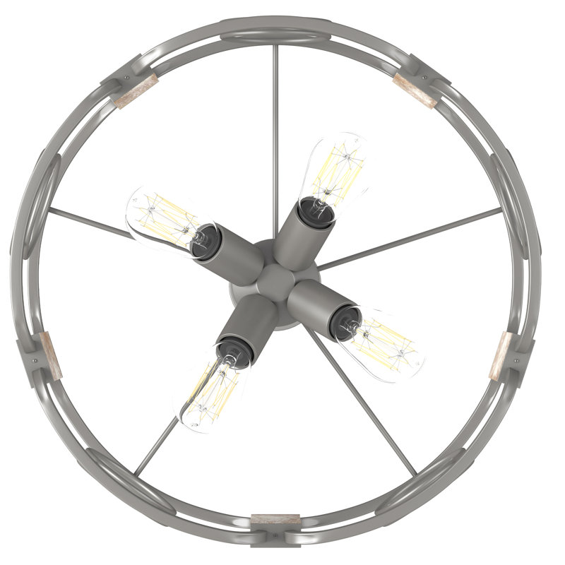 Modern Farmhouse Brushed Silver Gray and Distressed Wood Grain Drum Chandelier