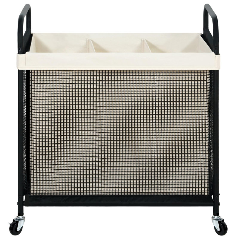 Panier à linge 3 sections, chariot de trieur à linge roulant 120 L avec sac de doublure amovible et lavable, panier à linge roulant avec poignée en métal