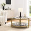 Table basse ronde en verre double plateau de 88 cm (34,6 pouces) avec espace de rangement et structure en métal doré de style luxueux.