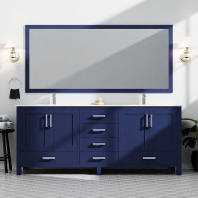 84 po x 22 po Meuble-lavabo bleu marine avec plateau en marbre de culture en bois massif à fermeture en douceur et tiroirs 14 tiroirs et 2 armoires pour un espace de rangement adéquat avec l