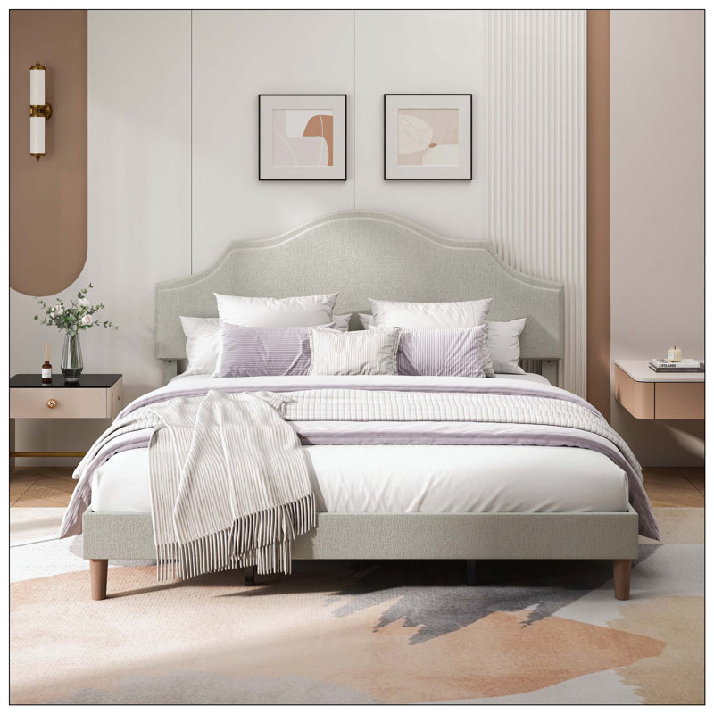 Lit plateforme tapissier avec tête de lit ajustable, rembourré en tissu de lin, lit plateforme de style simple et moderne sans sommier, assemblage facile
