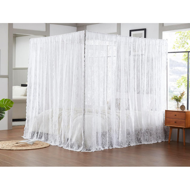 8 Piece White Lace Canopy Bed Curtains Set With Tie-Backs for Queen or King Bed, White