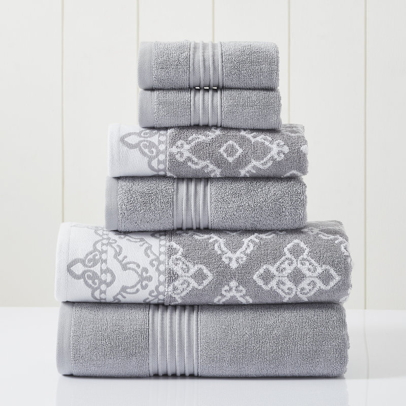 Stone Gray Cotton 6-Piece Towel Set with Medallion Design