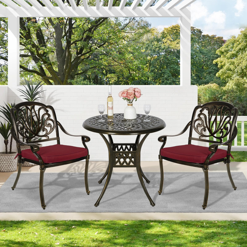 2 - Person Patio Dining Set with Round Table , Cushions Included, Chili Red