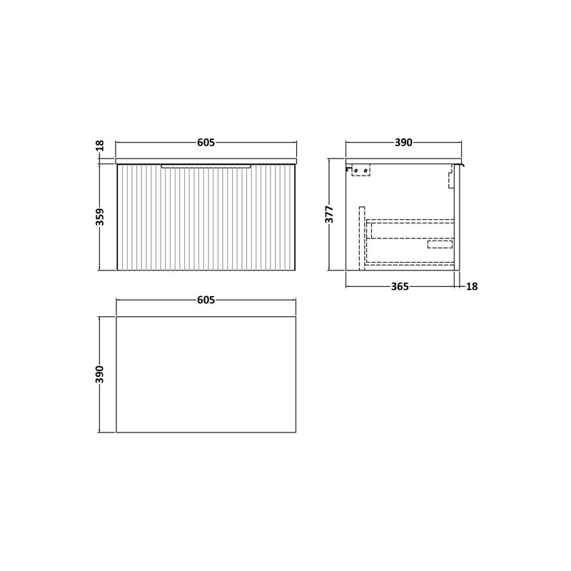 Fluted 600mm Wall Hung Single Vanity with Worktop, Satin Blue