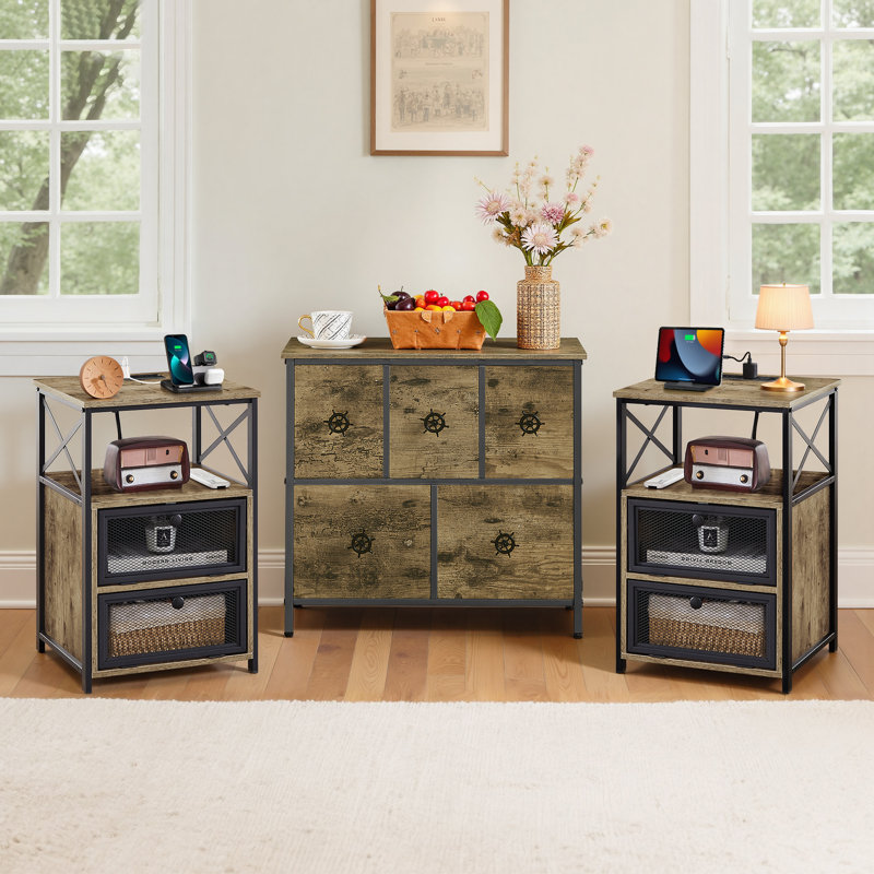 Ensemble de commode de chambre 3 pièces, commode de rangement 5 tiroirs gris rustique et 2 tables de chevet avec station de charge, ensemble de mobilier de chambre en bois et en métal pour chambre à coucher, salon