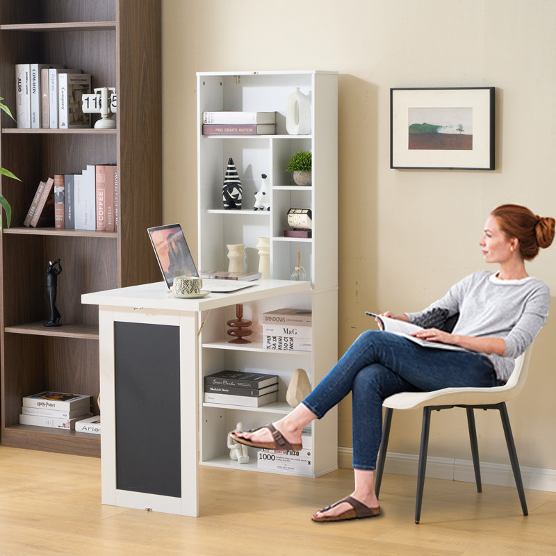 Bureau d'écriture convertible pliable, armoire de table murale avec tableau noir et tablettes de rangement, bureau escamotable peu encombrant pour le bureau à domicile, salon, chambre à coucher (blanc)