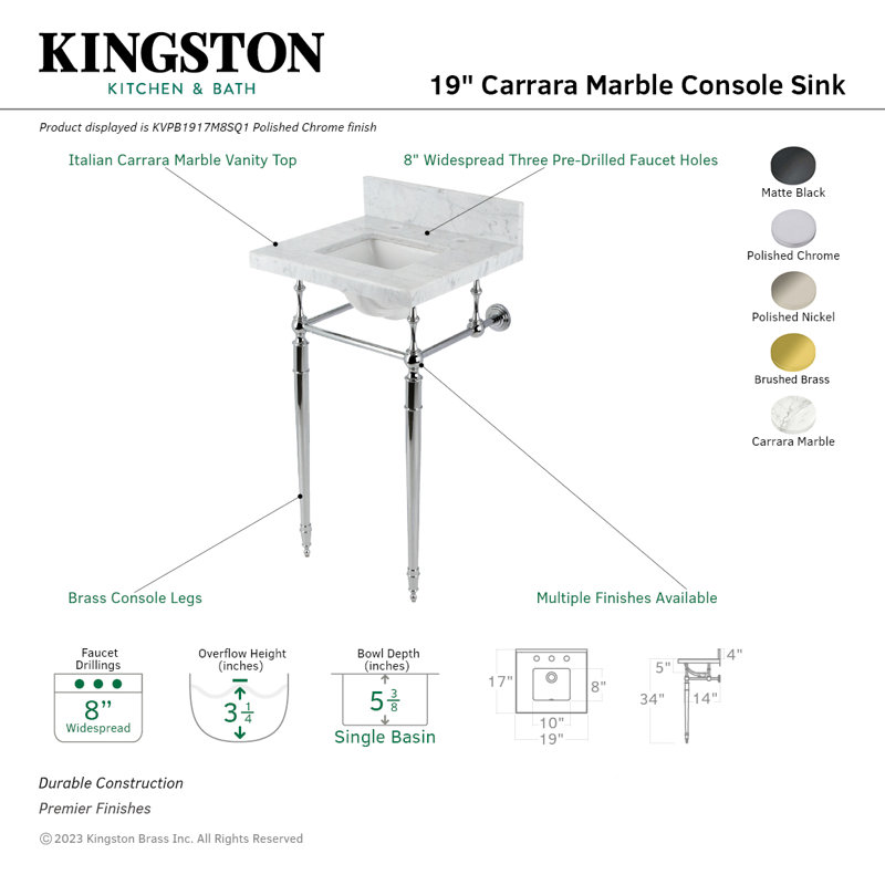 Kingston Brass Edwardian 19-Inch Carrara Marble Console Sink with Brass Legs (8-Inch, 3-Hole), Marble White/Matte Black