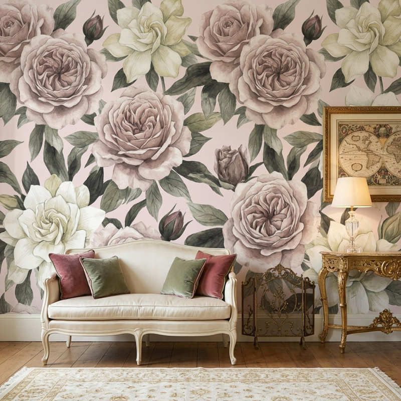 Papier peint à motif floral beige, L 94,92 po x l 143 po