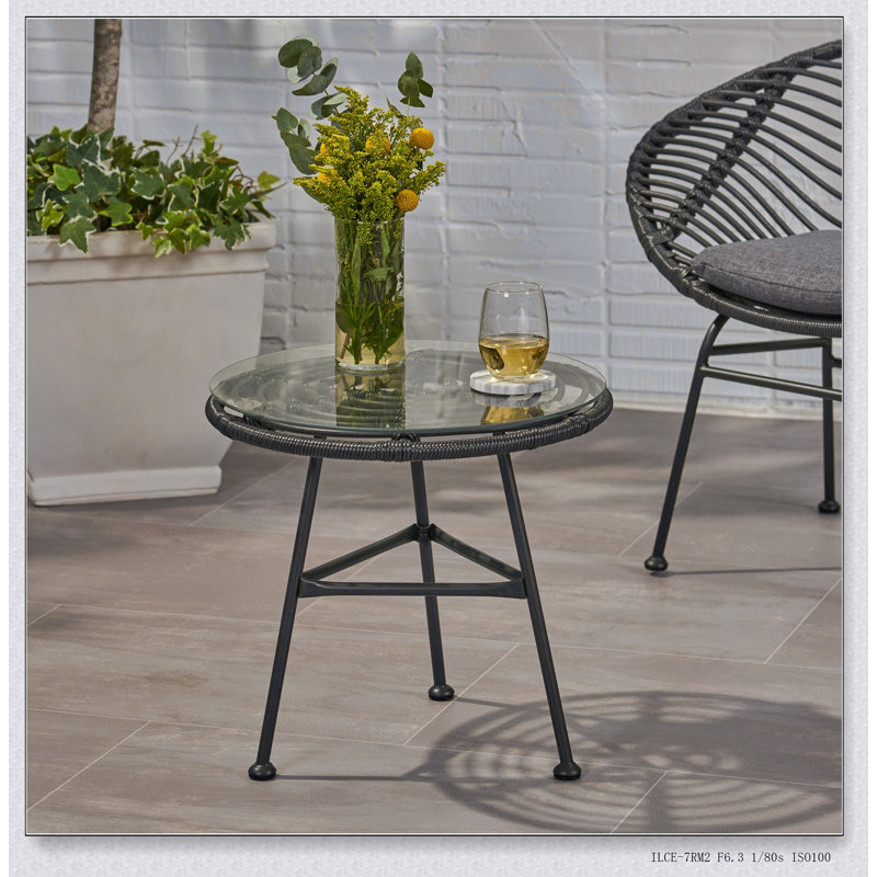 Orlando Outdoor Glass Top F Faux Rattan Side Table, Tempered Glass Top End Table For Balcony Porch Deck, Gray/Black