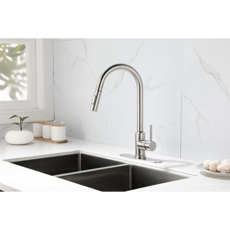 Robinet de cuisine rétractable - nickel brossé, fabrication en acier inoxydable, buse rotative à 360 ° pour une utilisation sans effort de l'eau, poignée simple pour contrôler la température et le débit, finition rouille en acier nickelé, polyvalente