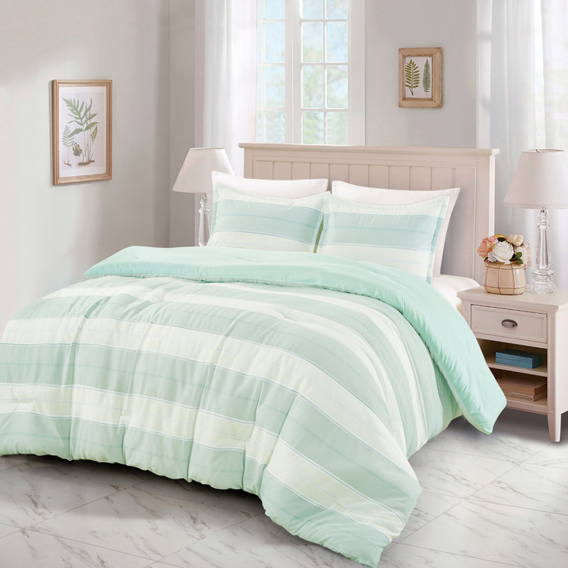 Ensemble d'édredon simple ou grand ou très grand rayé en mélange de coton doux et léger en duvet synthétique beige, menthe clair, vert, moderne et élégant, ensemble de literie avec taies décoratives-Hydi