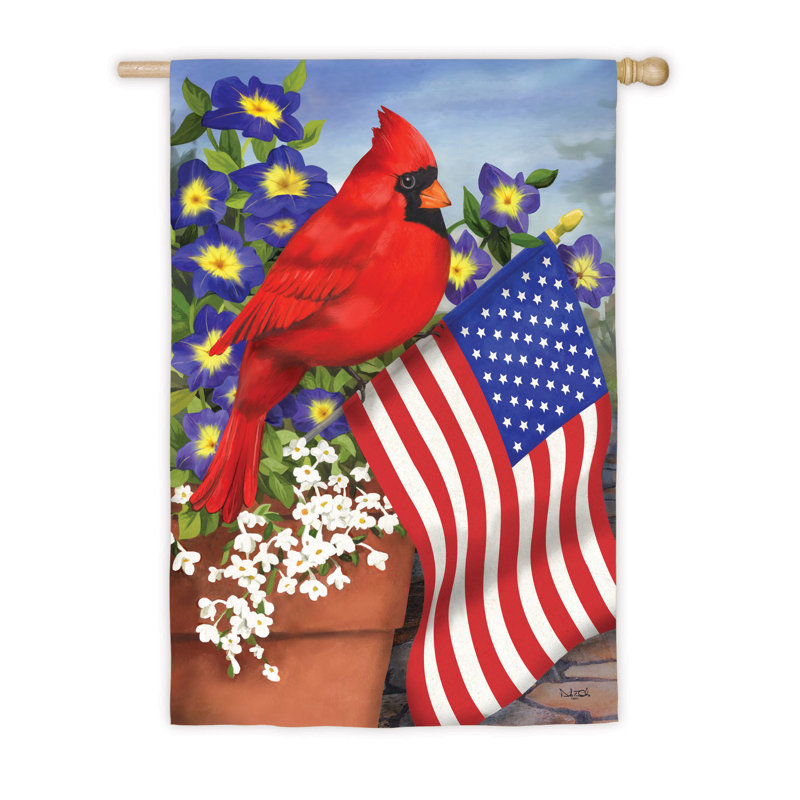 Prater Patriotic Cardinal and Flowers Garden Flag, 18" H x 12.5" W