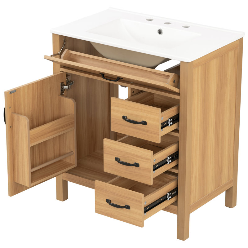 Meuble-lavabo de 30 po avec lavabo en céramique, armoire de salle de bain moderne, charnières et tiroirs à fermeture en douceur, armoire en panneau de fibres à densité moyenne avec pieds en bois massif, tiroir rabattable, poignées en alliage de zinc noir