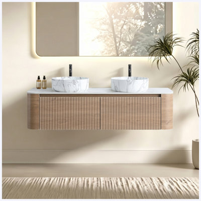 60 Inch Honey Oak Bathroom Vanity with Double Sinks, Wall-Mounted Bathroom Vanity Set with Free Towel Rack, Double Carrara White Ceramic Basins, Pre-Assembled, for Bathroom