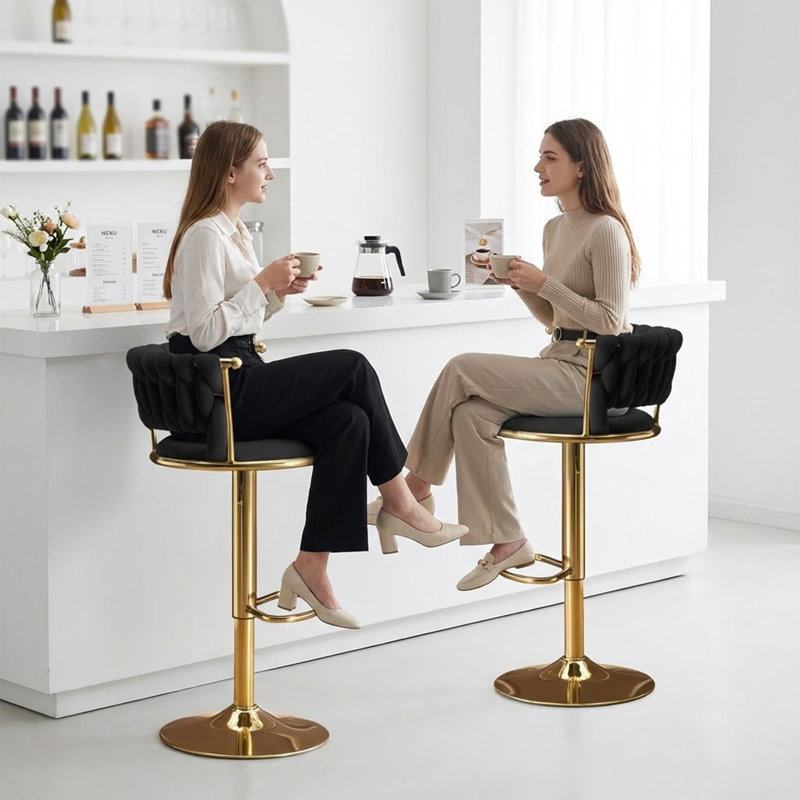 Velvet Swivel Bar Stool Set of 4, Modern Adjustable Height Barstools with Golden Metal Base for Kitchen Island, Black, Black