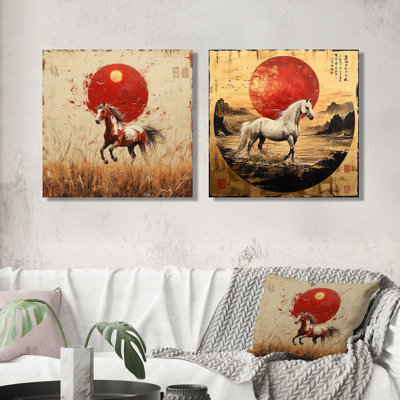 «Horse Horse Plains I» par le Japon, art mural cheval, art mural moderne pour le salon, 2 pièces