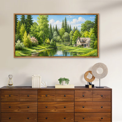 Cottage Beside Forest Stream Framed Canvas Wall Art, Nature Scenic Panorama Artwork for Living Room, Bedroom and Office