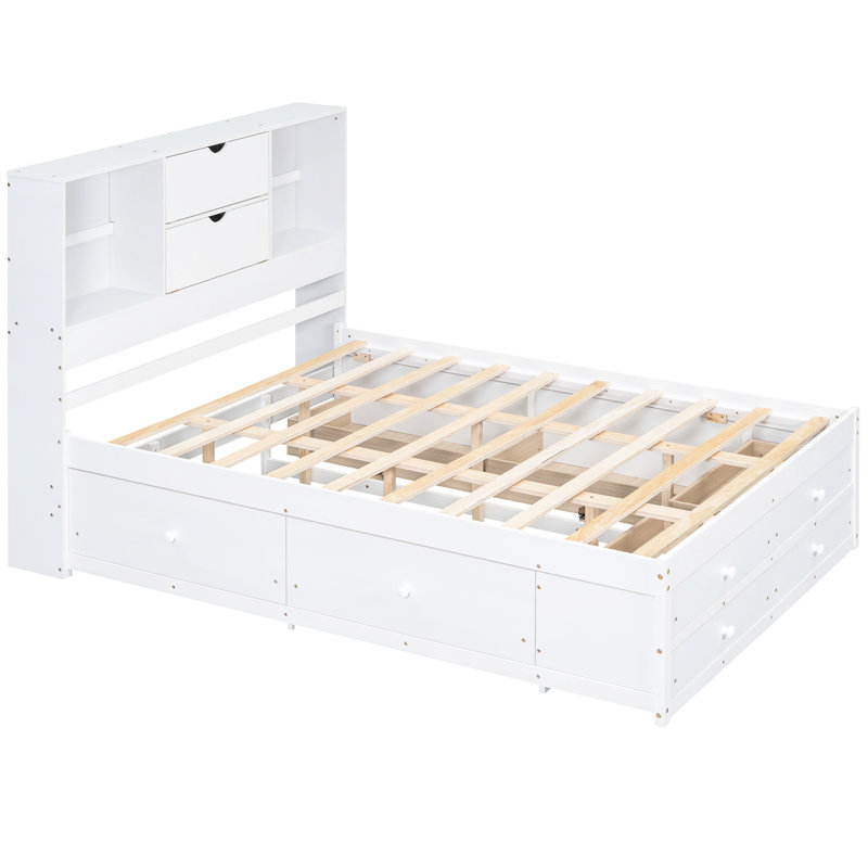 Grand lit plateforme avec rangement et 8 tiroirs - Tête de lit en bois massif blanc durable